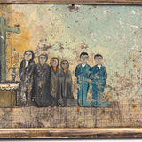 Supplicants in Blue Suits and Black Veils Before the Cross, Charming Old Mexican Folk Art Retablo