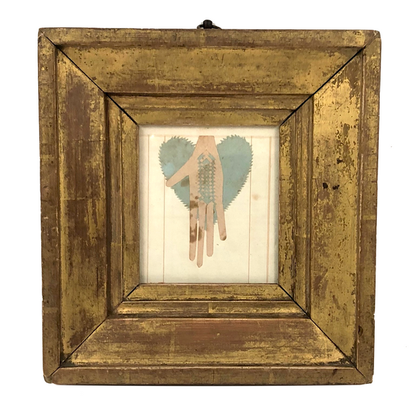 Early Woven Paper Heart and Hand (with Extra Long Fingers) in Presumed Original Frame