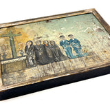 Supplicants in Blue Suits and Black Veils Before the Cross, Charming Old Mexican Folk Art Retablo