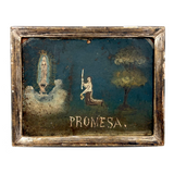 PROMESA, Very Beautiful, Very Naive Old Mexican Folk Art Retablo on Tin, Framed