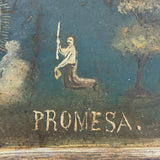 PROMESA, Very Beautiful, Very Naive Old Mexican Folk Art Retablo on Tin, Framed