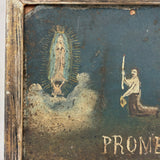 PROMESA, Very Beautiful, Very Naive Old Mexican Folk Art Retablo on Tin, Framed