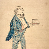 Man in Bright Blue Suit, Hat in Hand: Wonderful 1907 D.B Webber Colored Ink Drawing