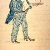 Man in Bright Blue Suit, Hat in Hand: Wonderful 1907 D.B Webber Colored Ink Drawing