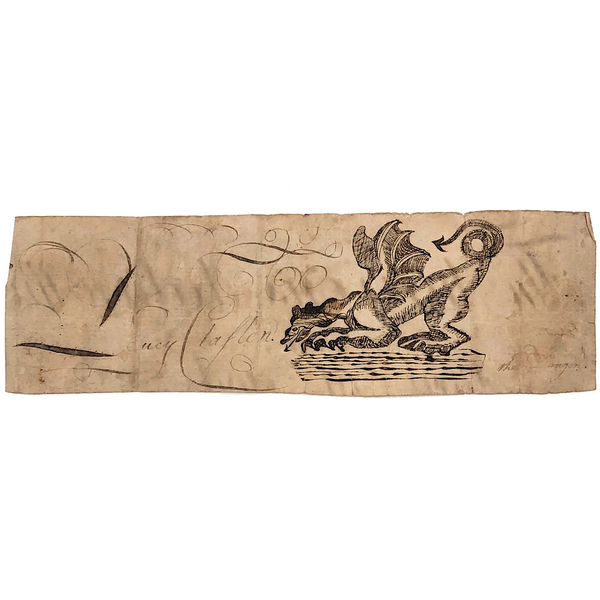 19th C. Calligraphic Ink Drawing of "The Dragon" on Laid Paper