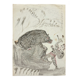 Battling the Bear (or Boar?): Wonderful 1907 D.B Webber Ink Drawing on Card