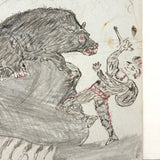 Battling the Bear (or Boar?): Wonderful 1907 D.B Webber Ink Drawing on Card