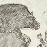 Battling the Bear (or Boar?): Wonderful 1907 D.B Webber Ink Drawing on Card