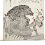 Battling the Bear (or Boar?): Wonderful 1907 D.B Webber Ink Drawing on Card
