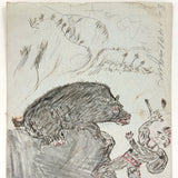 Battling the Bear (or Boar?): Wonderful 1907 D.B Webber Ink Drawing on Card