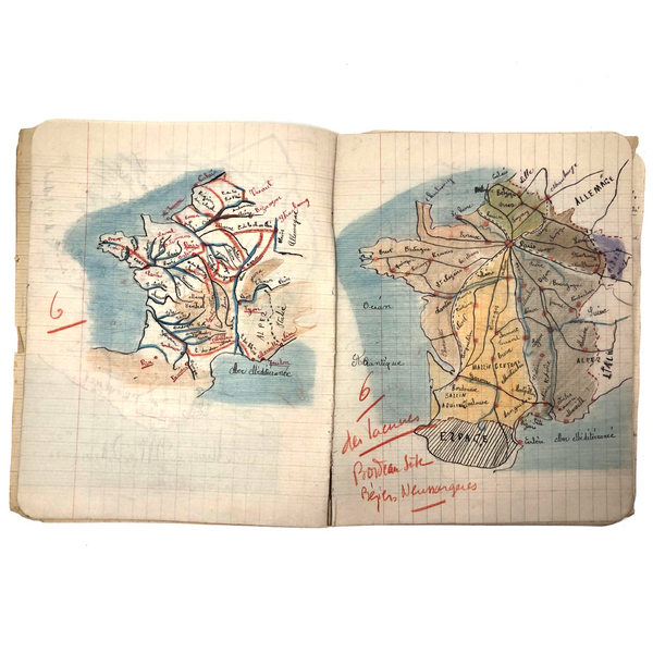 1930s-1960s French School Notebooks with Maps, Drawings, Penmanship - Lot of Three