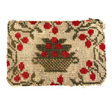 Basket of Red Berries, Charming c. Mid 19th Century Small Needlepoint in Hand-dyed Wool