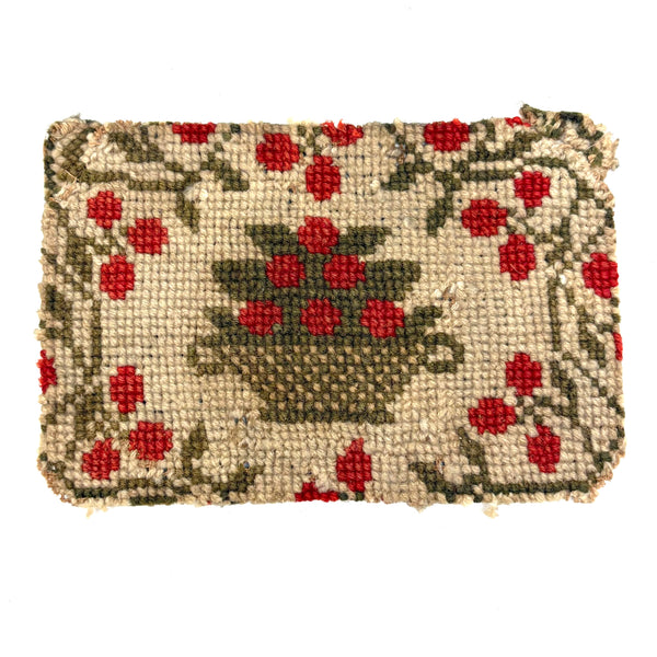 Basket of Red Berries, Charming c. Mid 19th Century Small Needlepoint in Hand-dyed Wool