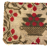Basket of Red Berries, Charming c. Mid 19th Century Small Needlepoint in Hand-dyed Wool