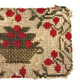 Basket of Red Berries, Charming c. Mid 19th Century Small Needlepoint in Hand-dyed Wool