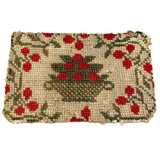 Basket of Red Berries, Charming c. Mid 19th Century Small Needlepoint in Hand-dyed Wool