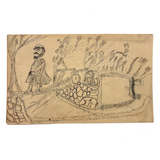 Man on Log Bridge with Assorted Onlookers: Wonderful 1907 D.B Webber Ink and Graphite Drawing