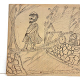 Man on Log Bridge with Assorted Onlookers: Wonderful 1907 D.B Webber Ink and Graphite Drawing