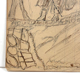 Man on Log Bridge with Assorted Onlookers: Wonderful 1907 D.B Webber Ink and Graphite Drawing