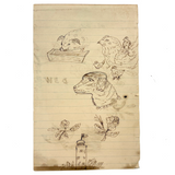 Pig, Dog, Mother Hen, Roses, Tower with Flag (and More on Reverse) : Wonderful 1907 D.B Webber Ink Drawing