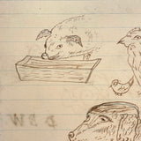 Pig, Dog, Mother Hen, Roses, Tower with Flag (and More on Reverse) : Wonderful 1907 D.B Webber Ink Drawing