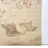 Pig, Dog, Mother Hen, Roses, Tower with Flag (and More on Reverse) : Wonderful 1907 D.B Webber Ink Drawing