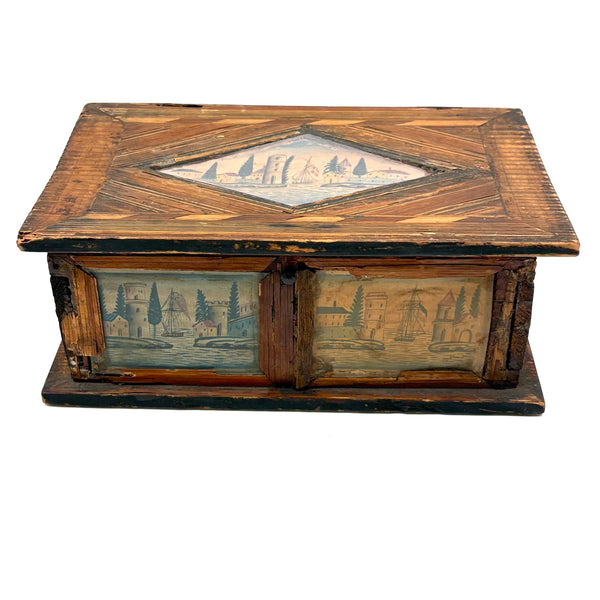 Incredible Late 18th/Early 19th Century Prisoner of War Book Shaped Straw Work Sewing Box with Four Inlaid Watercolors