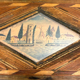 Incredible Late 18th/Early 19th Century Prisoner of War Book Shaped Straw Work Sewing Box with Four Inlaid Watercolors