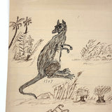 Kangaroo, Palm, Plows (?), 1907 Black Ink Folk Drawing