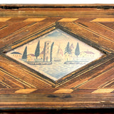 Incredible Late 18th/Early 19th Century Prisoner of War Book Shaped Straw Work Sewing Box with Four Inlaid Watercolors