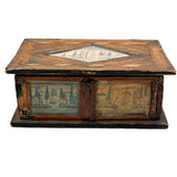 Incredible Late 18th/Early 19th Century Prisoner of War Book Shaped Straw Work Sewing Box with Four Inlaid Watercolors