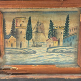 Incredible Late 18th/Early 19th Century Prisoner of War Book Shaped Straw Work Sewing Box with Four Inlaid Watercolors