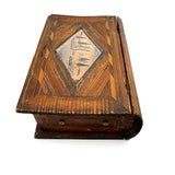 Incredible Late 18th/Early 19th Century Prisoner of War Book Shaped Straw Work Sewing Box with Four Inlaid Watercolors