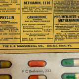 Candy Colored Vintage Salesman Sample Pill Capsules Encased Under Film, S.E. Messengill Co.