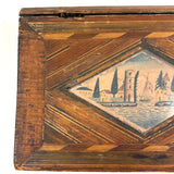 Incredible Late 18th/Early 19th Century Prisoner of War Book Shaped Straw Work Sewing Box with Four Inlaid Watercolors