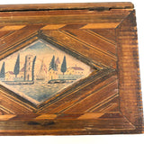 Incredible Late 18th/Early 19th Century Prisoner of War Book Shaped Straw Work Sewing Box with Four Inlaid Watercolors