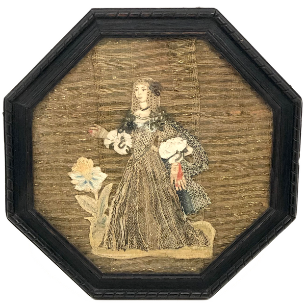 Fantastic 17th Century English Needlework Fragment, Portrait of Young Woman with Large Hands and Flower