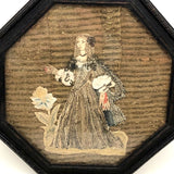 Fantastic 17th Century English Needlework Fragment, Portrait of Young Woman with Large Hands and Flower