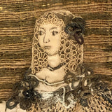 Fantastic 17th Century English Needlework Fragment, Portrait of Young Woman with Large Hands and Flower