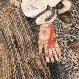Fantastic 17th Century English Needlework Fragment, Portrait of Young Woman with Large Hands and Flower