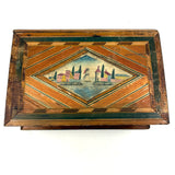 Incredible Late 18th/Early 19th Century Prisoner of War Book Shaped Straw Work Sewing Box with Four Inlaid Watercolors