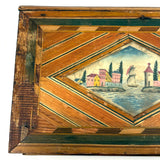Incredible Late 18th/Early 19th Century Prisoner of War Book Shaped Straw Work Sewing Box with Four Inlaid Watercolors