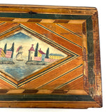 Incredible Late 18th/Early 19th Century Prisoner of War Book Shaped Straw Work Sewing Box with Four Inlaid Watercolors