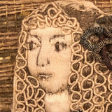 Fantastic 17th Century English Needlework Fragment, Portrait of Young Woman with Large Hands and Flower