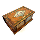 Incredible Late 18th/Early 19th Century Prisoner of War Book Shaped Straw Work Sewing Box with Four Inlaid Watercolors