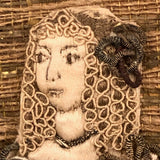 Fantastic 17th Century English Needlework Fragment, Portrait of Young Woman with Large Hands and Flower