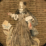 Fantastic 17th Century English Needlework Fragment, Portrait of Young Woman with Large Hands and Flower
