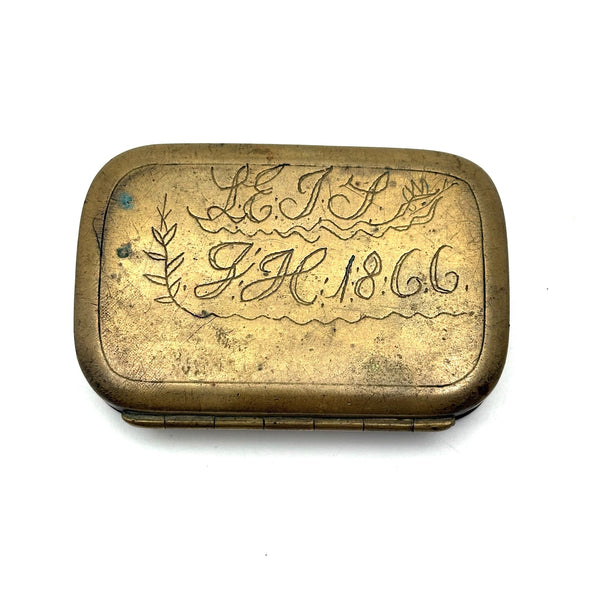 JH's 1866 Hand-Engraved, Double Hinged Brass Swedish Snuff Box with Swimming Serpent