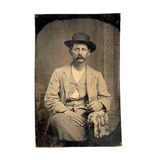 Handsome Man with Mustache, Bowler, and Unbuttoned Buttons, Antique Tintype