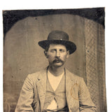 Handsome Man with Mustache, Bowler, and Unbuttoned Buttons, Antique Tintype